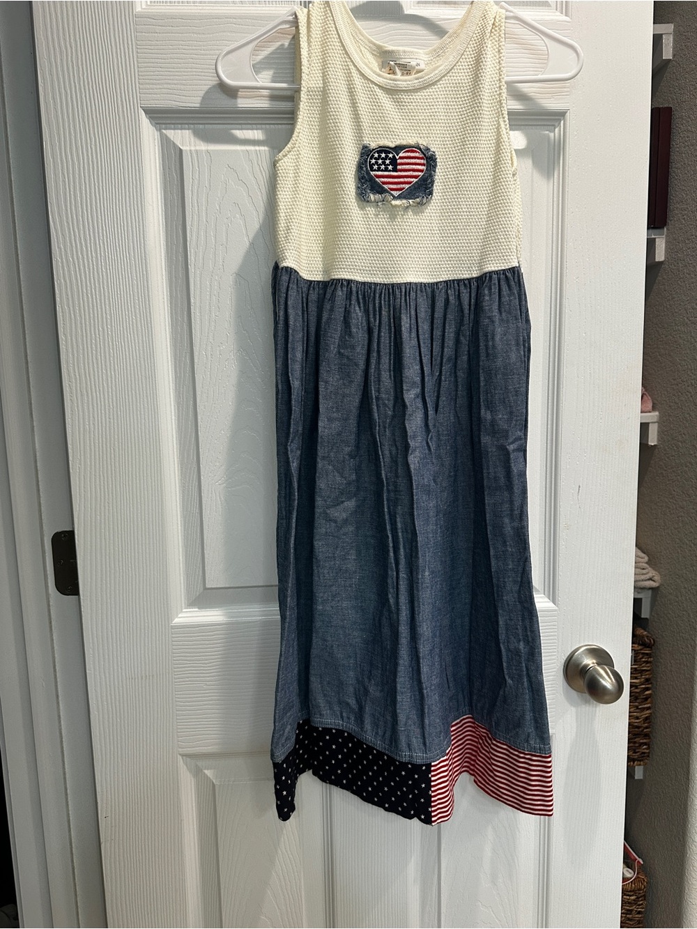 Bonnie Jean Cream and Blue Sleeveless Patchwork Dress with Flag Heart